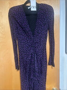 Zara Black Dress with Purple Polka Dots and Twist Front
